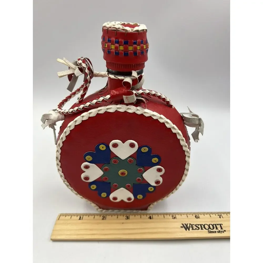 Vintage Leather‎ Braid Wrapped Covered Bottle/Decanter Hearts Red Folk Art